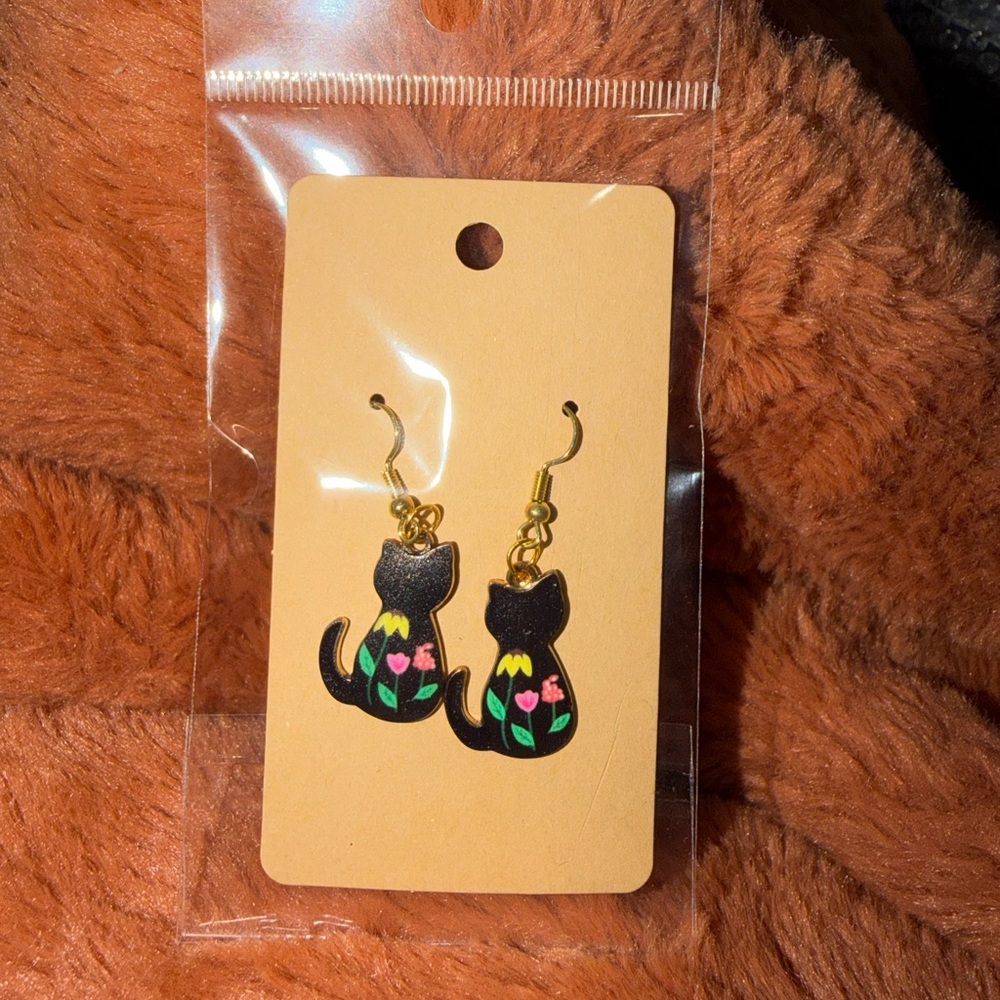 Handmade Black Cat Floral Dangle Earrings Cute Cat Jewelry